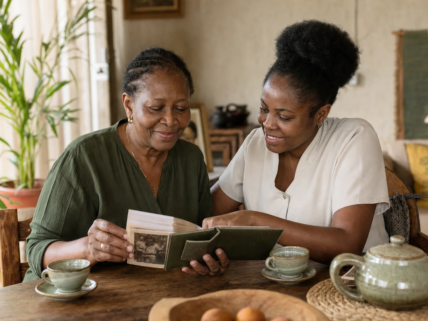 An older woman and her caregiver sharing tea and looking through a family photo album at home